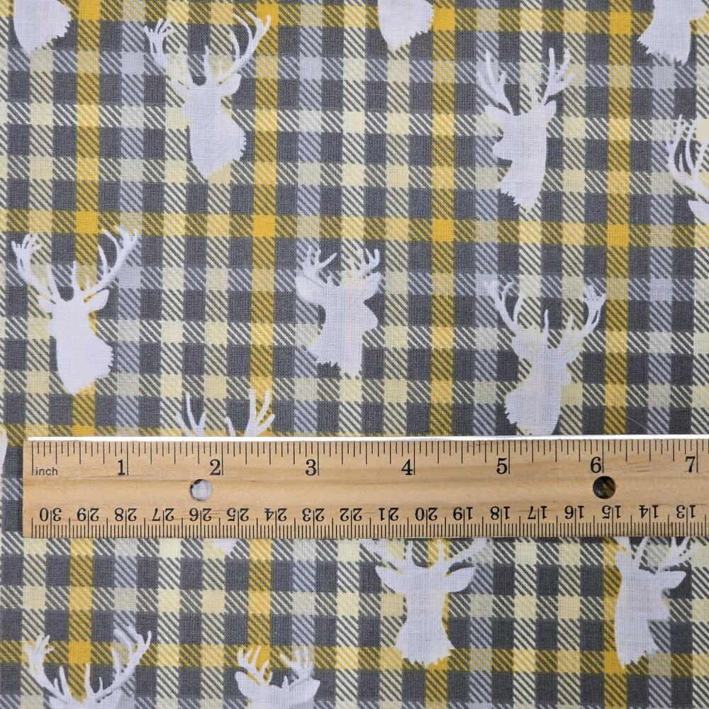 JoAnn Cotton Fabric 72"x44" Rustic Grey Yellow Plaid Stag Head Antlers Deer